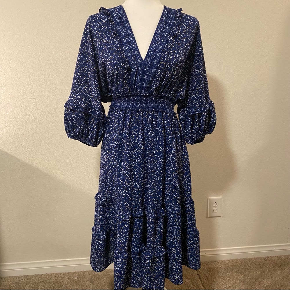 Max Studio Speckled V-Neck Blue Ruffle Maxi Dress